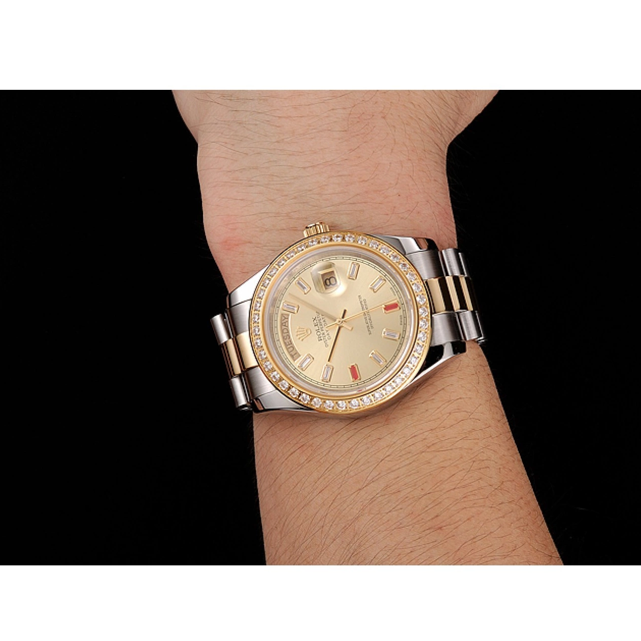 AAA Replica Watches Swiss Dial Diamonds Bracelet And 1454104 Tone Two Rubies Rolex Champagne Day-Date 0517